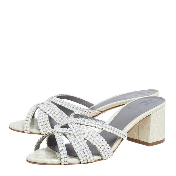 Pre Owned Gina Pale Green Croc Embossed Leather Dexie Slide Sandals Size 39.5