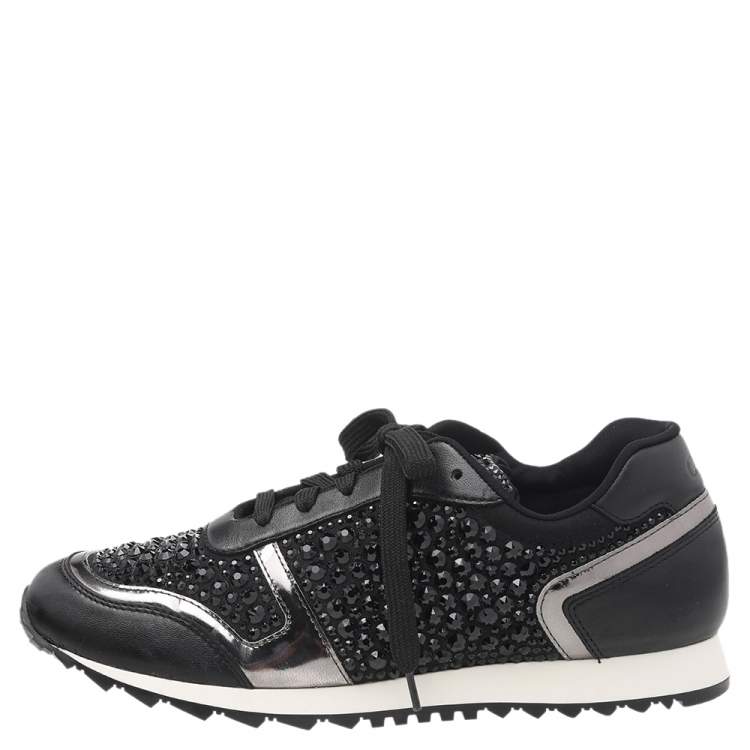 Pre Owned Gina Black Leather And Embellished Satin Luminosa Low Top Sneakers Size 40