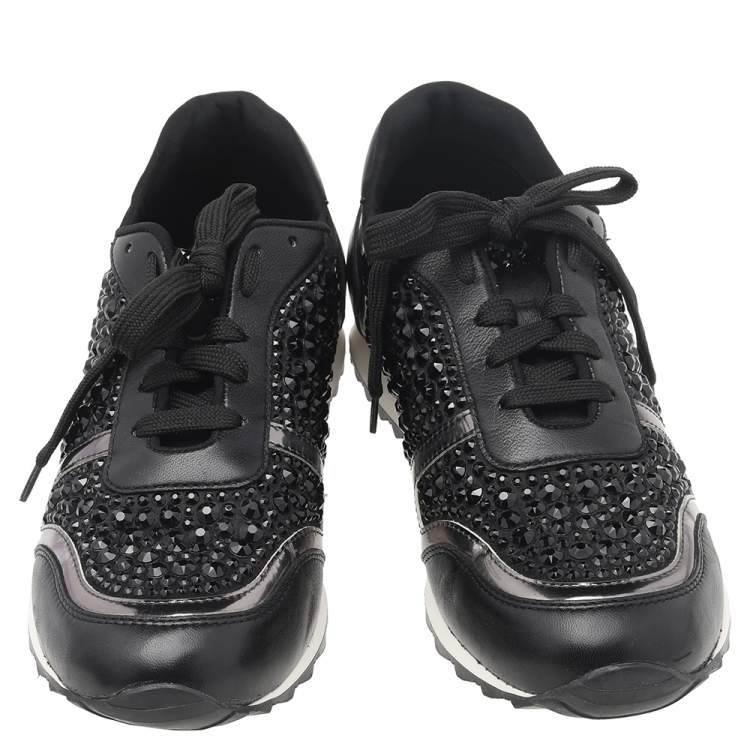 Pre Owned Gina Black Leather And Embellished Satin Luminosa Low Top Sneakers Size 40