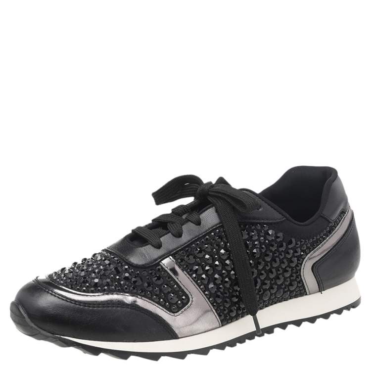 Pre Owned Gina Black Leather And Embellished Satin Luminosa Low Top Sneakers Size 40
