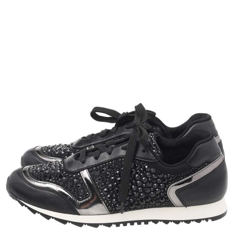 Pre Owned Gina Black Leather And Embellished Satin Luminosa Low Top Sneakers Size 40