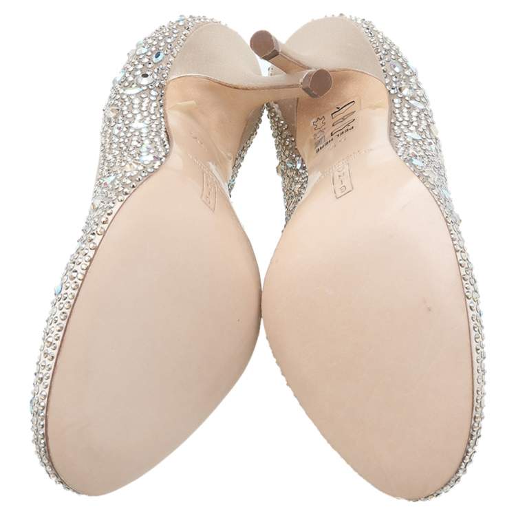 Pre Owned Gina Beige Crystal Embellished Satin Pumps Size 38.5