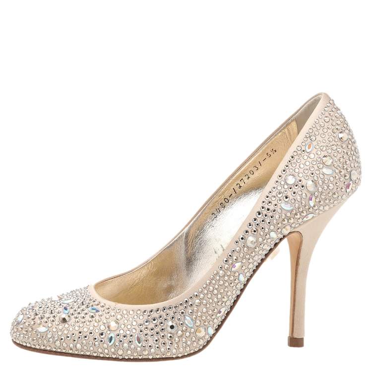 Pre Owned Gina Beige Crystal Embellished Satin Pumps Size 38.5