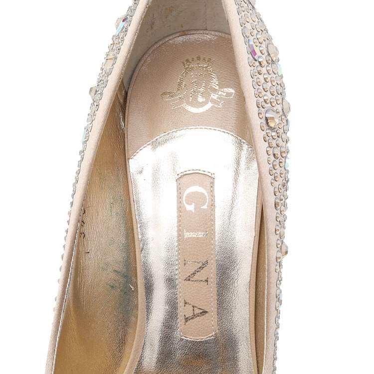 Pre Owned Gina Beige Crystal Embellished Satin Pumps Size 38.5