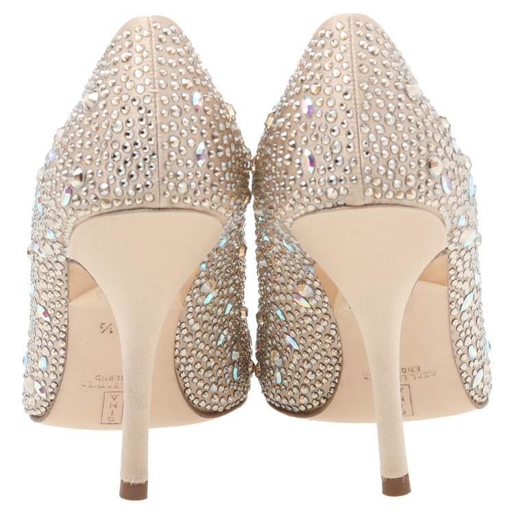 Pre Owned Gina Beige Crystal Embellished Satin Pumps Size 38.5