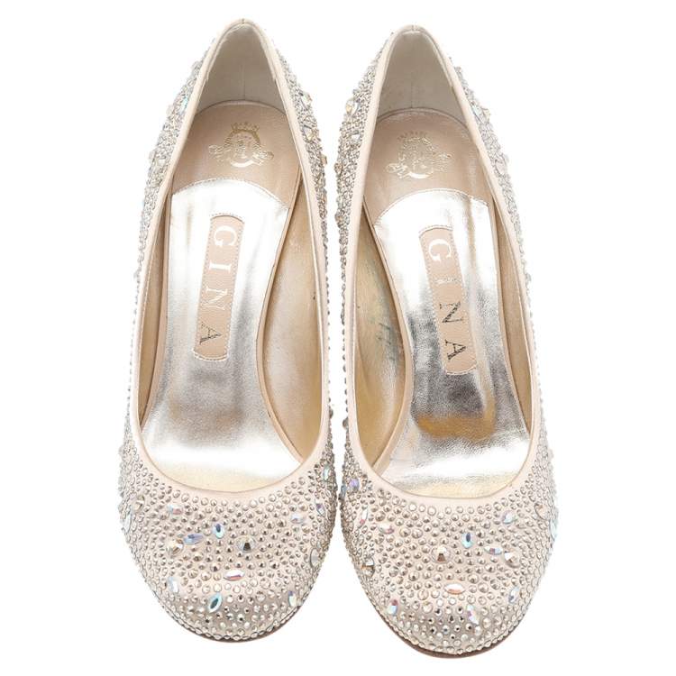 Pre Owned Gina Beige Crystal Embellished Satin Pumps Size 38.5