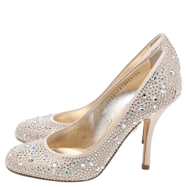 Pre Owned Gina Beige Crystal Embellished Satin Pumps Size 38.5