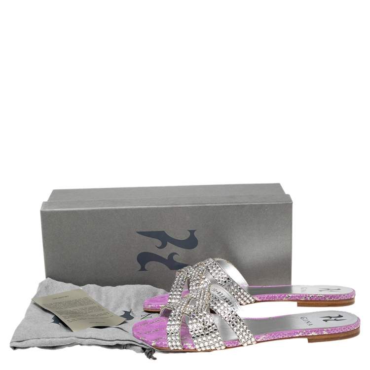 Pre Owned Gina Purple Python Embossed  Leather Crystal Embellished Flat Slides Size 38.5