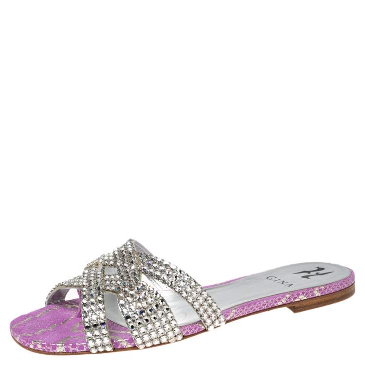 Pre Owned Gina Purple Python Embossed  Leather Crystal Embellished Flat Slides Size 38.5