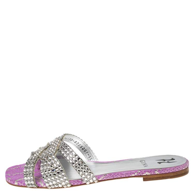 Pre Owned Gina Purple Python Embossed  Leather Crystal Embellished Flat Slides Size 38.5