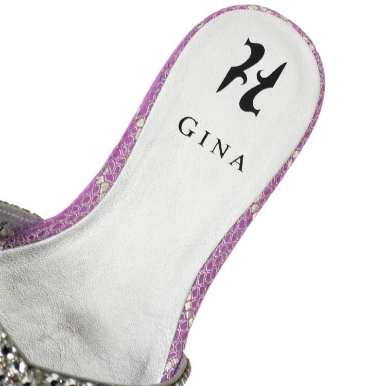 Pre Owned Gina Purple Python Embossed  Leather Crystal Embellished Flat Slides Size 38.5
