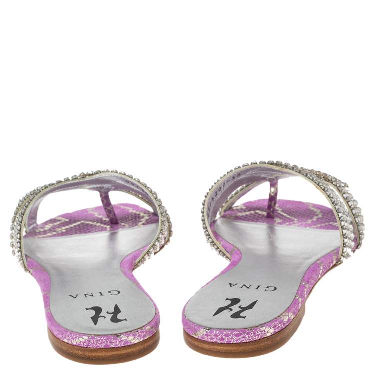 Pre Owned Gina Purple Python Embossed  Leather Crystal Embellished Flat Slides Size 38.5