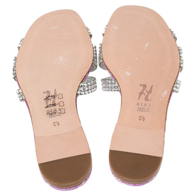 Pre Owned Gina Purple Python Embossed  Leather Crystal Embellished Flat Slides Size 38.5