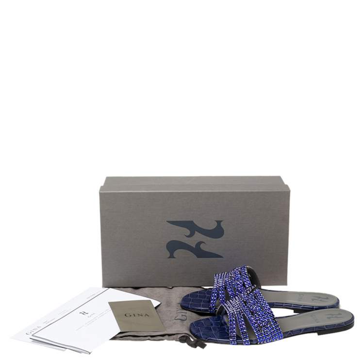 Pre Owned Gina Royal Blue Crystals Embellished Leather Loren Flat Slides Size 38.5