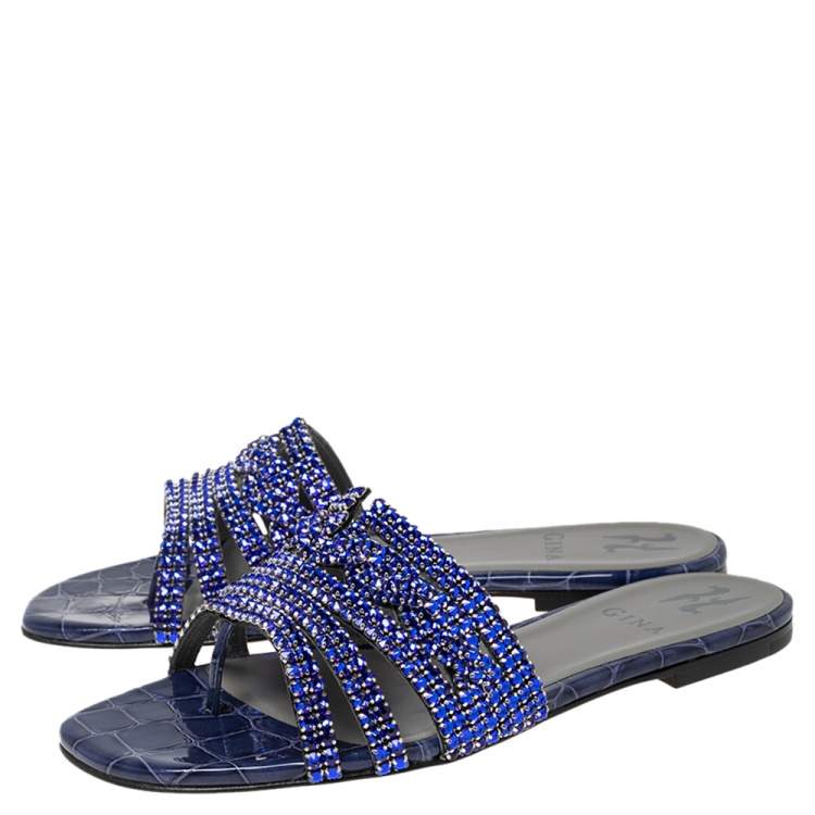 Pre Owned Gina Royal Blue Crystals Embellished Leather Loren Flat Slides Size 38.5