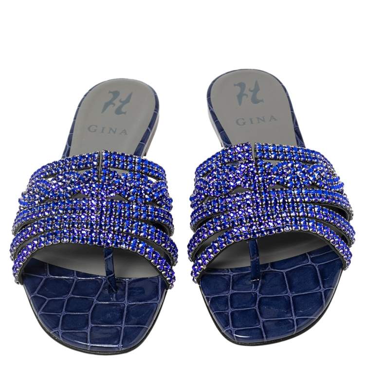 Pre Owned Gina Royal Blue Crystals Embellished Leather Loren Flat Slides Size 38.5