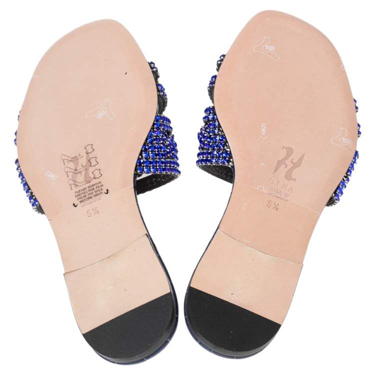 Pre Owned Gina Royal Blue Crystals Embellished Leather Loren Flat Slides Size 38.5