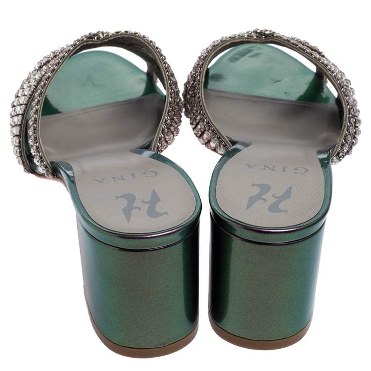 Pre Owned  Gina Crystals Embellished Iridescent Leather Dexie Slide Sandals Size 38.5