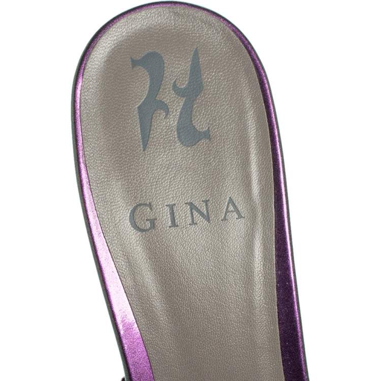 Pre Owned  Gina Crystals Embellished Iridescent Leather Dexie Slide Sandals Size 38.5