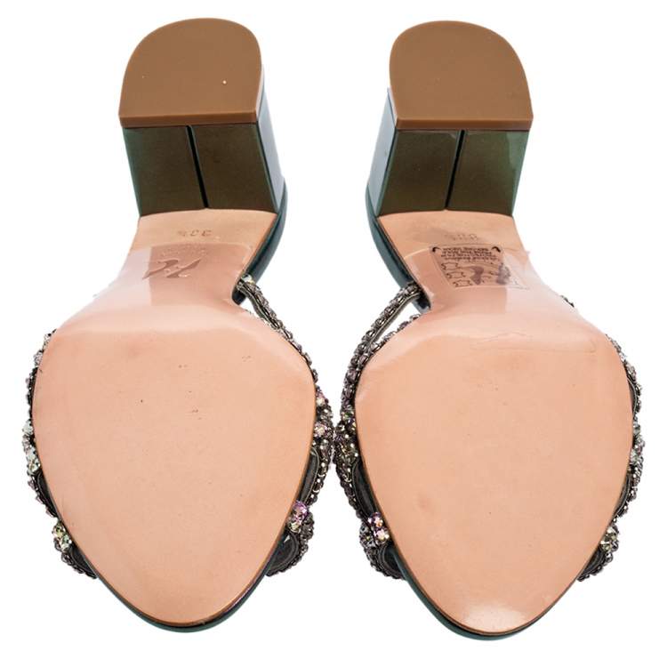 Pre Owned  Gina Crystals Embellished Iridescent Leather Dexie Slide Sandals Size 38.5