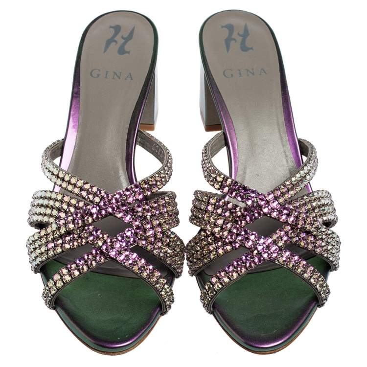 Pre Owned  Gina Crystals Embellished Iridescent Leather Dexie Slide Sandals Size 38.5