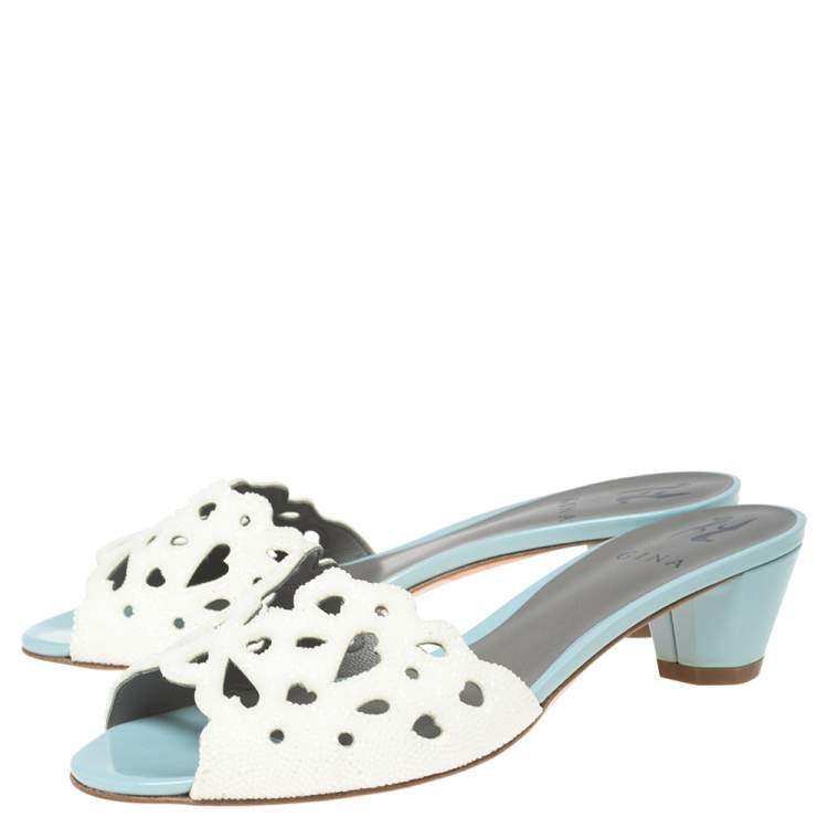 Pre Owned Gina Off-White Laser-Cut Leather Slide Sandals Size 40