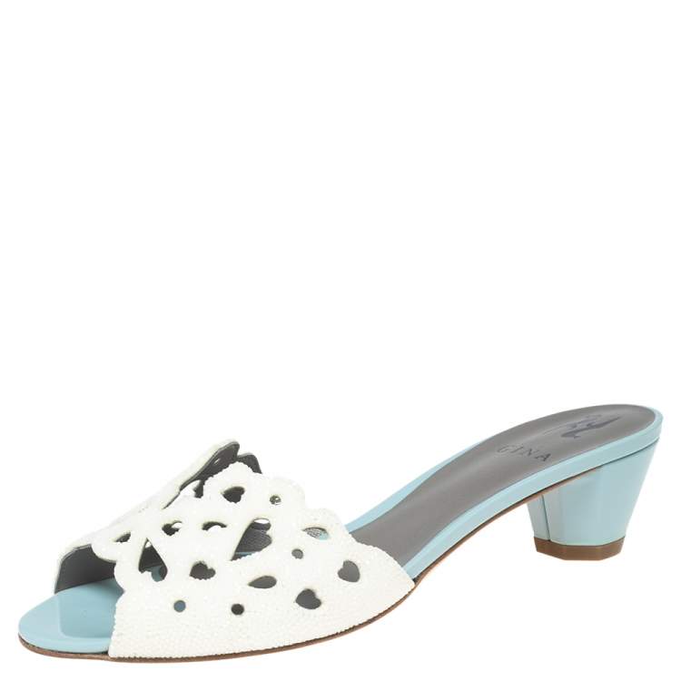 Pre Owned Gina Off-White Laser-Cut Leather Slide Sandals Size 40