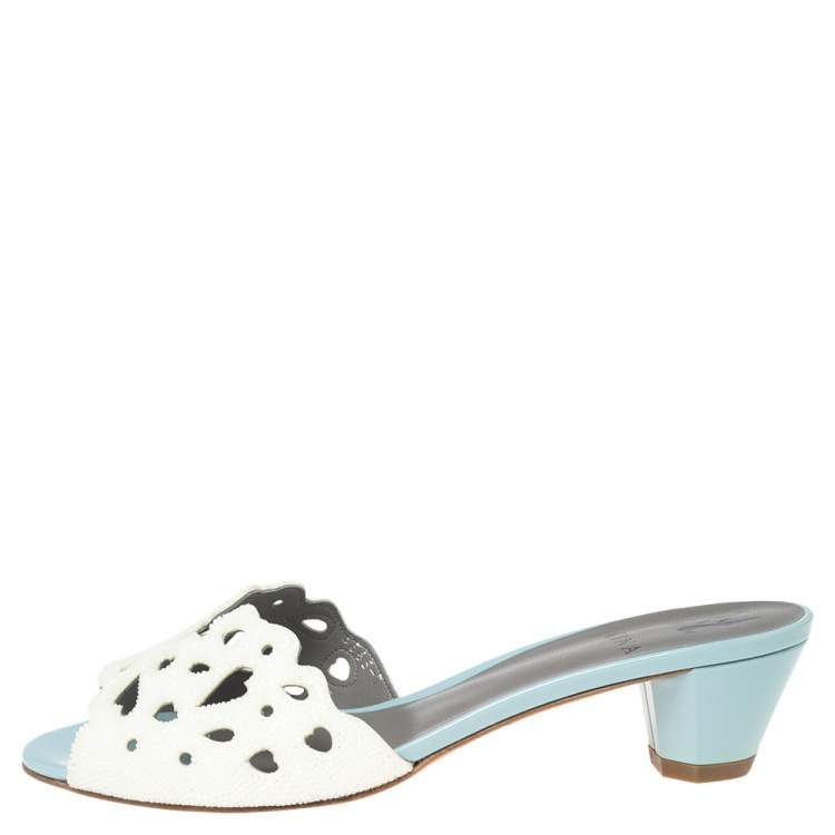 Pre Owned Gina Off-White Laser-Cut Leather Slide Sandals Size 40