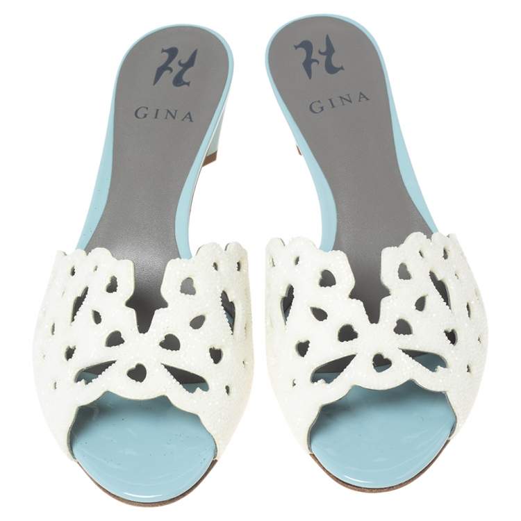 Pre Owned Gina Off-White Laser-Cut Leather Slide Sandals Size 40