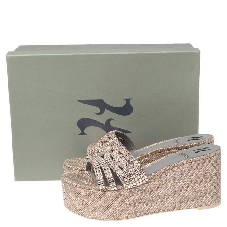 Pre Owned Gina Rose Gold Crystals Embellished Leather Wedge Platform Sandals Size 39.5