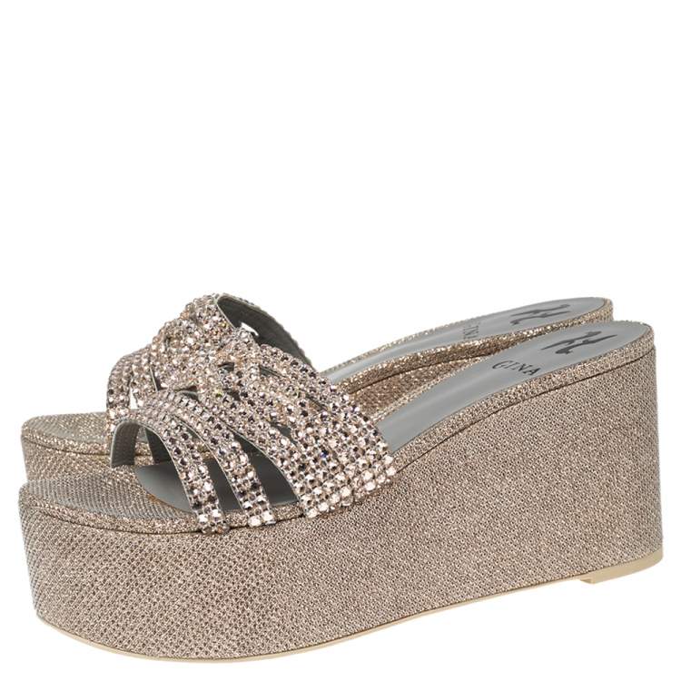 Pre Owned Gina Rose Gold Crystals Embellished Leather Wedge Platform Sandals Size 39.5