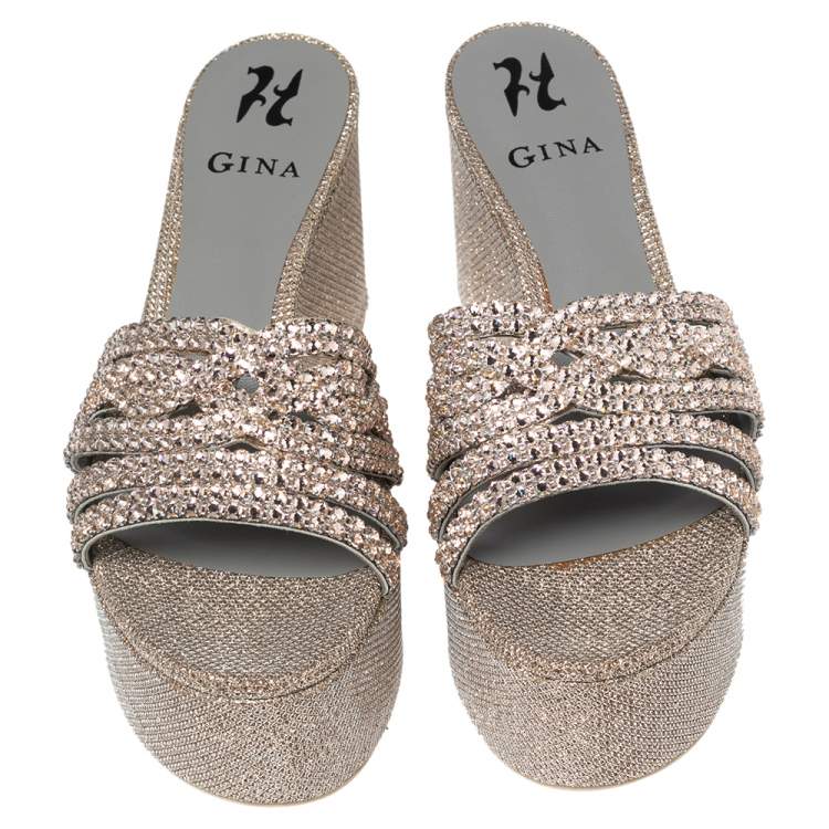 Pre Owned Gina Rose Gold Crystals Embellished Leather Wedge Platform Sandals Size 39.5