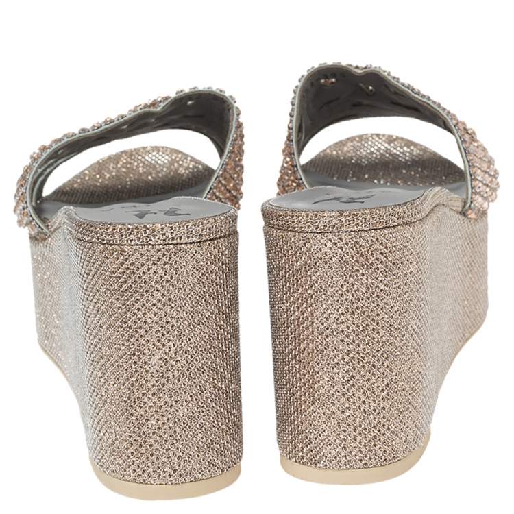 Pre Owned Gina Rose Gold Crystals Embellished Leather Wedge Platform Sandals Size 39.5