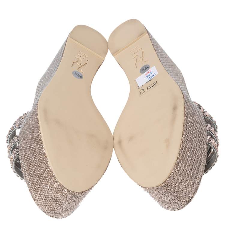 Pre Owned Gina Rose Gold Crystals Embellished Leather Wedge Platform Sandals Size 39.5