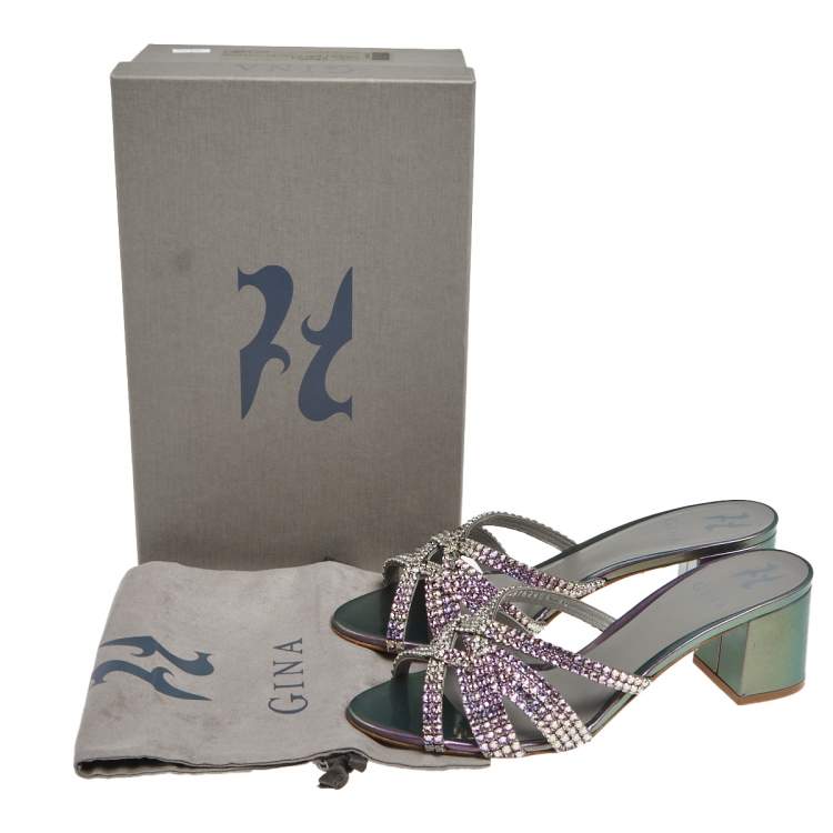 Pre Owned Gina Multicolor Patent Leather Crystals Embellished Slide Sandals Size 40