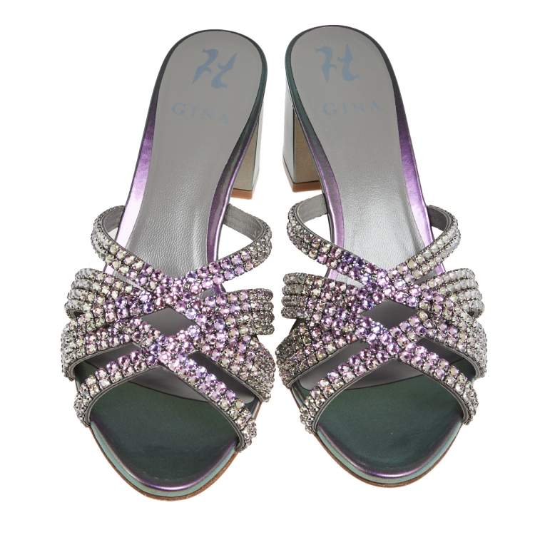 Pre Owned Gina Multicolor Patent Leather Crystals Embellished Slide Sandals Size 40