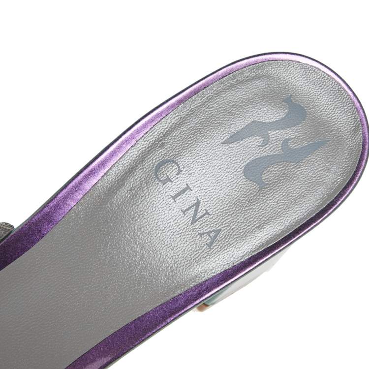 Pre Owned Gina Multicolor Patent Leather Crystals Embellished Slide Sandals Size 40