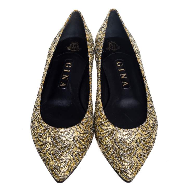 مملوكة مسبقًا Gina  Metallic Gold Glitter Pointed Toe Ballet Flats Size 40