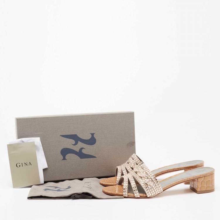 Pre Owned Gina Beige Crystal Embellished Leather Rodeo Slide Sandals Size 40.5