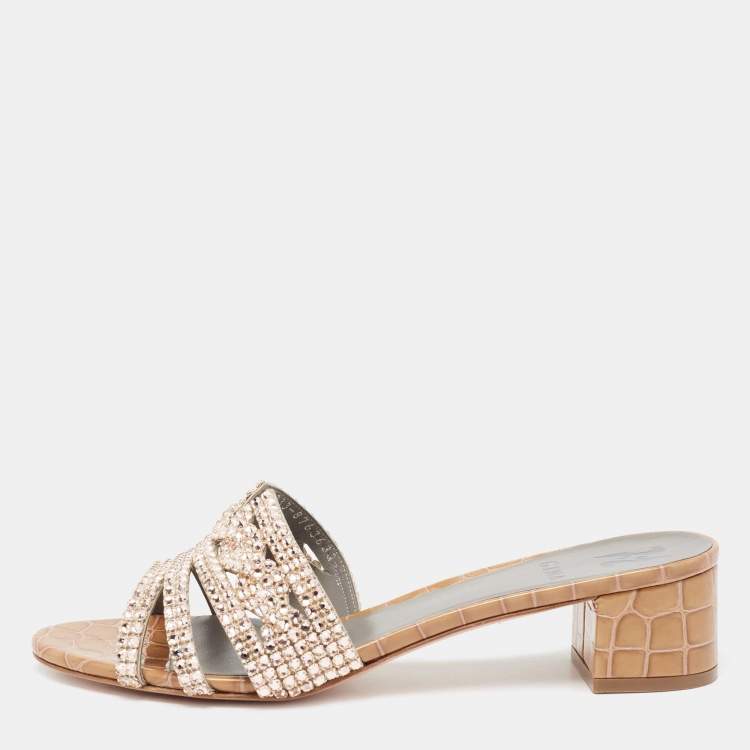 Pre Owned Gina Beige Crystal Embellished Leather Rodeo Slide Sandals Size 40.5