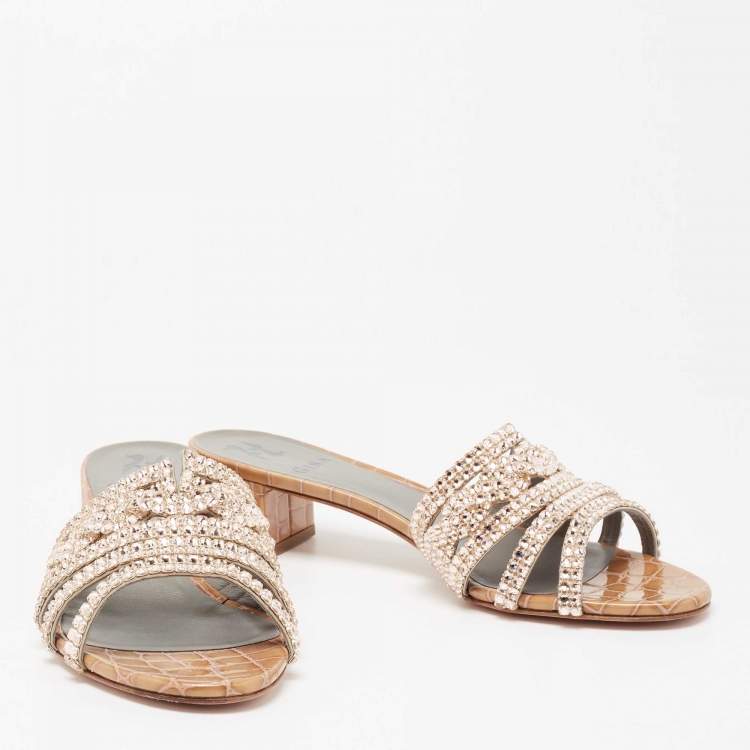 Pre Owned Gina Beige Crystal Embellished Leather Rodeo Slide Sandals Size 40.5