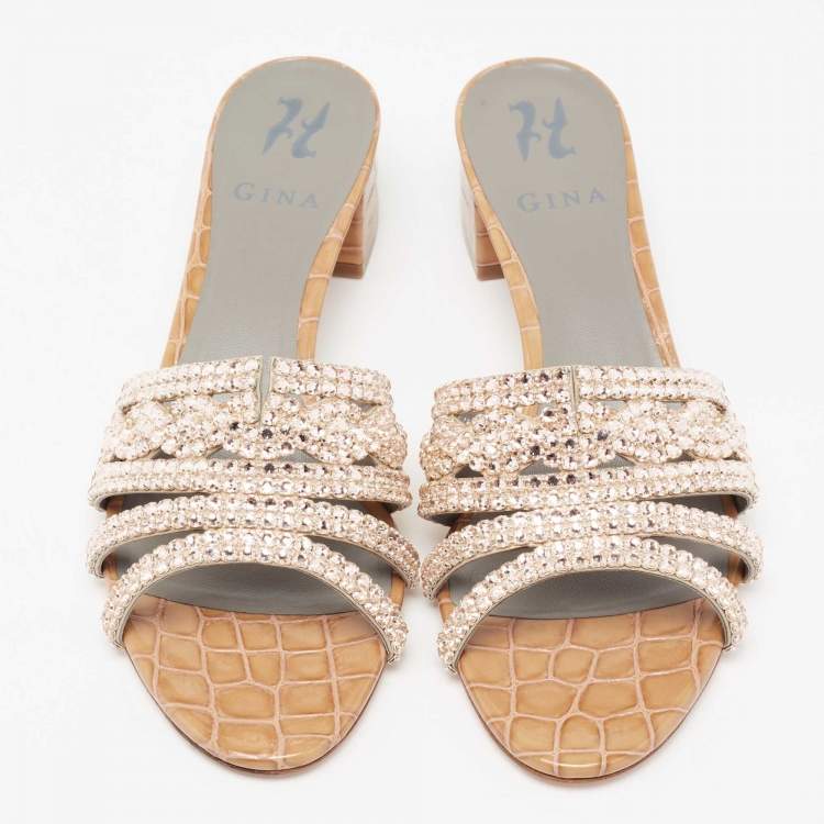 Pre Owned Gina Beige Crystal Embellished Leather Rodeo Slide Sandals Size 40.5