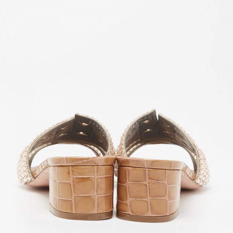 Pre Owned Gina Beige Crystal Embellished Leather Rodeo Slide Sandals Size 40.5