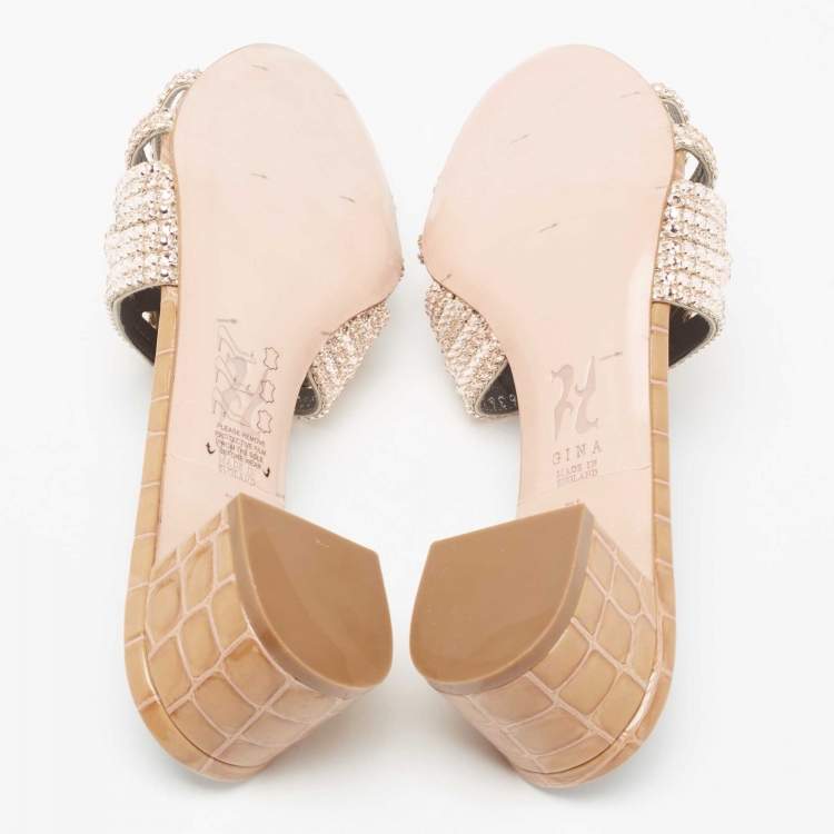 Pre Owned Gina Beige Crystal Embellished Leather Rodeo Slide Sandals Size 40.5