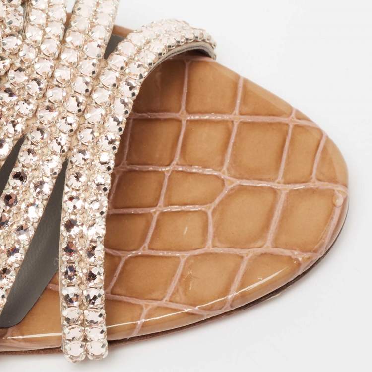 Pre Owned Gina Beige Crystal Embellished Leather Rodeo Slide Sandals Size 40.5