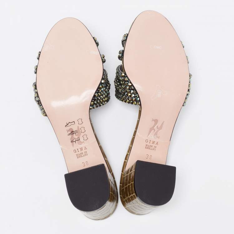 Pre Owned Gina Olive Green Croc Embossed Patent Embellished Slide Sandals Size 38