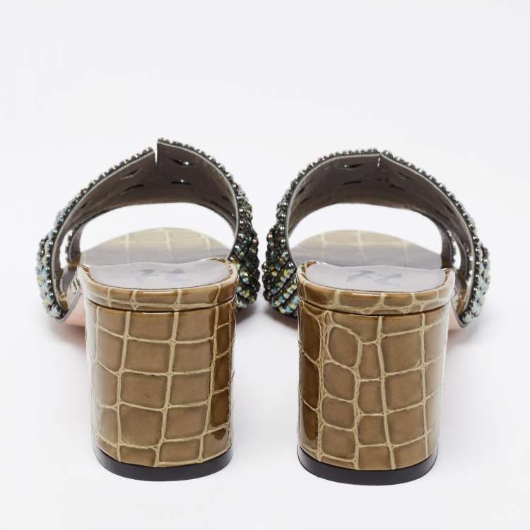 Pre Owned Gina Olive Green Croc Embossed Patent Embellished Slide Sandals Size 38