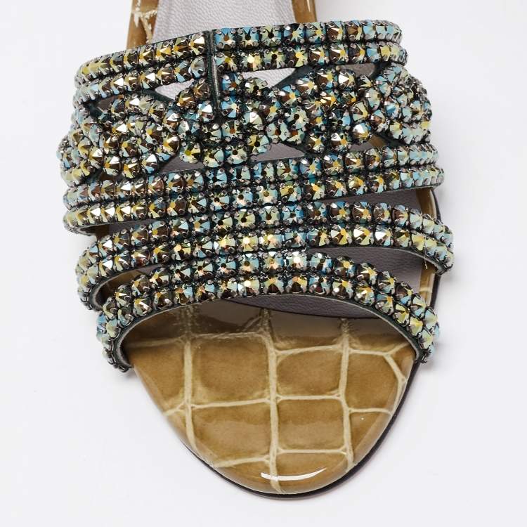 Pre Owned Gina Olive Green Croc Embossed Patent Embellished Slide Sandals Size 38