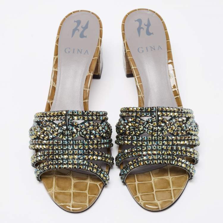 Pre Owned Gina Olive Green Croc Embossed Patent Embellished Slide Sandals Size 38