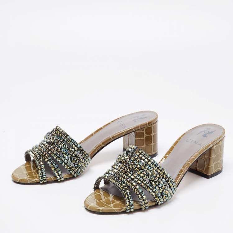 Pre Owned Gina Olive Green Croc Embossed Patent Embellished Slide Sandals Size 38